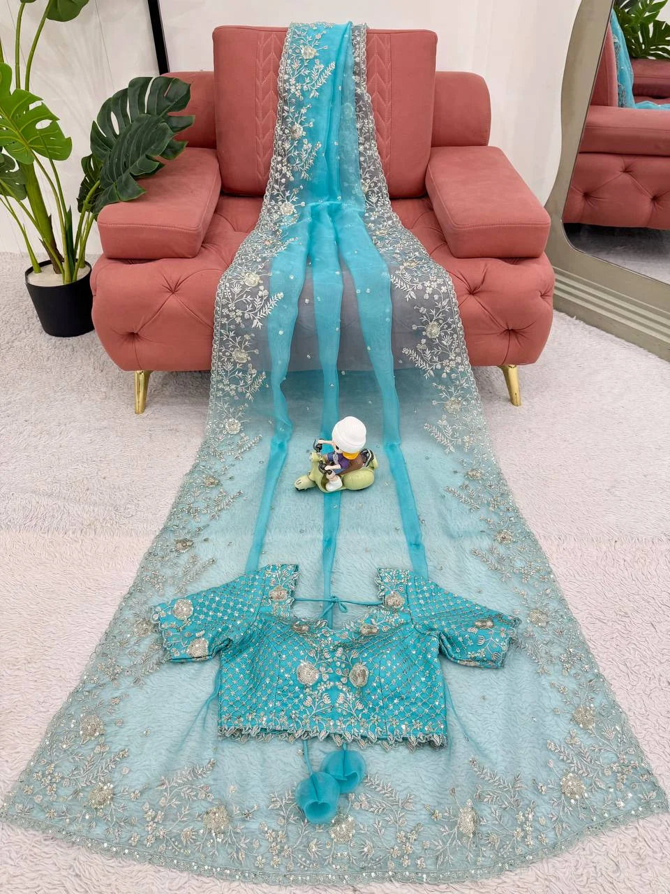 Designer Organza Silk Saree with Delicate Thread & Sequin Detailing