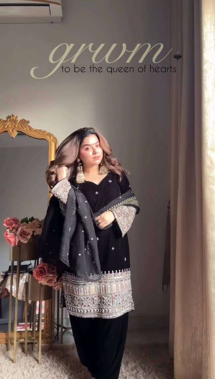 Premium Velvet Party Wear Top & Plazoo Set with Thread Sequence Dupatta