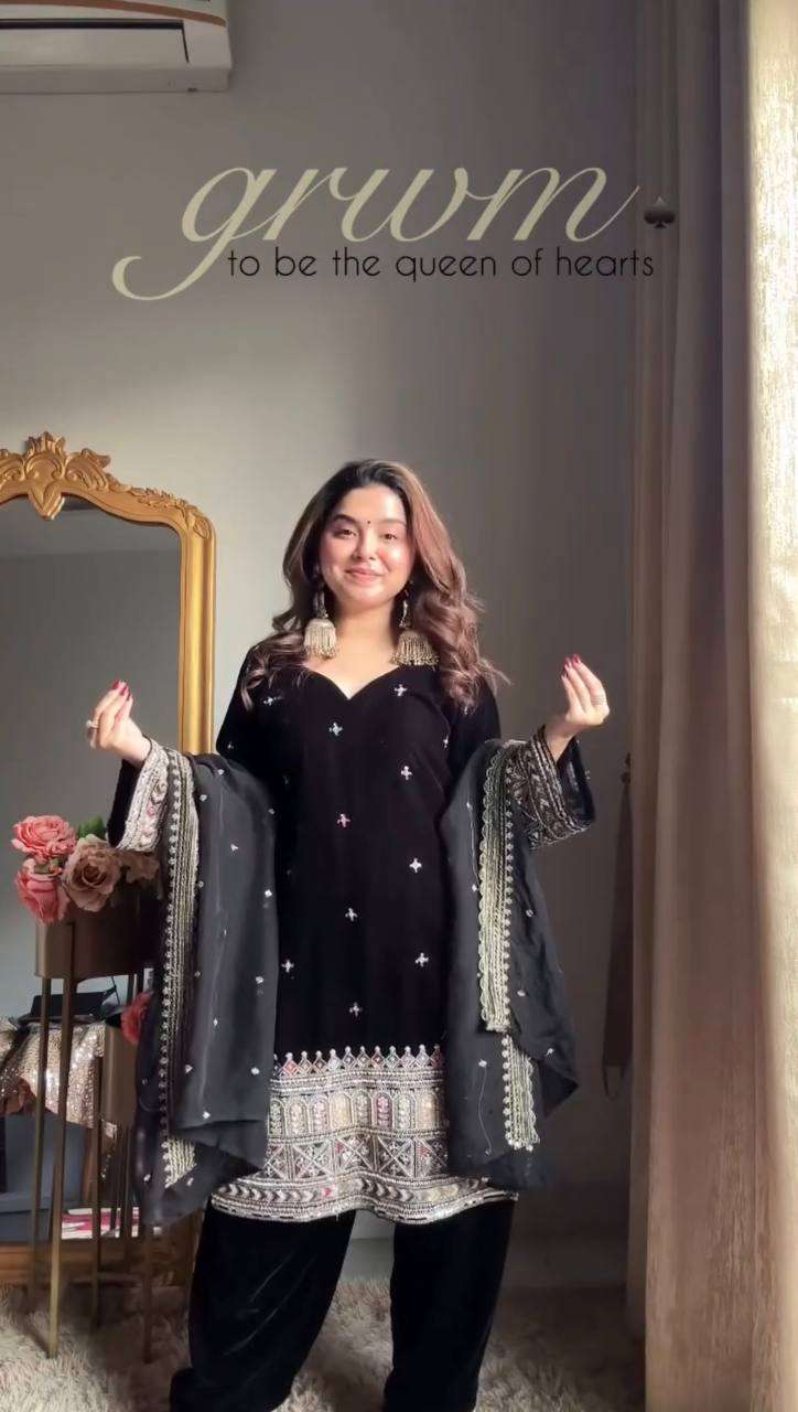 Premium Velvet Party Wear Top & Plazoo Set with Thread Sequence Dupatta