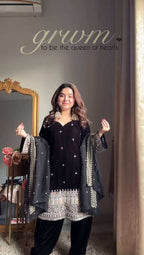 Premium Velvet Party Wear Top & Plazoo Set with Thread Sequence Dupatta