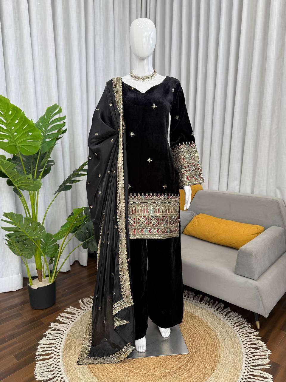 Premium Velvet Party Wear Top & Plazoo Set with Thread Sequence Dupatta