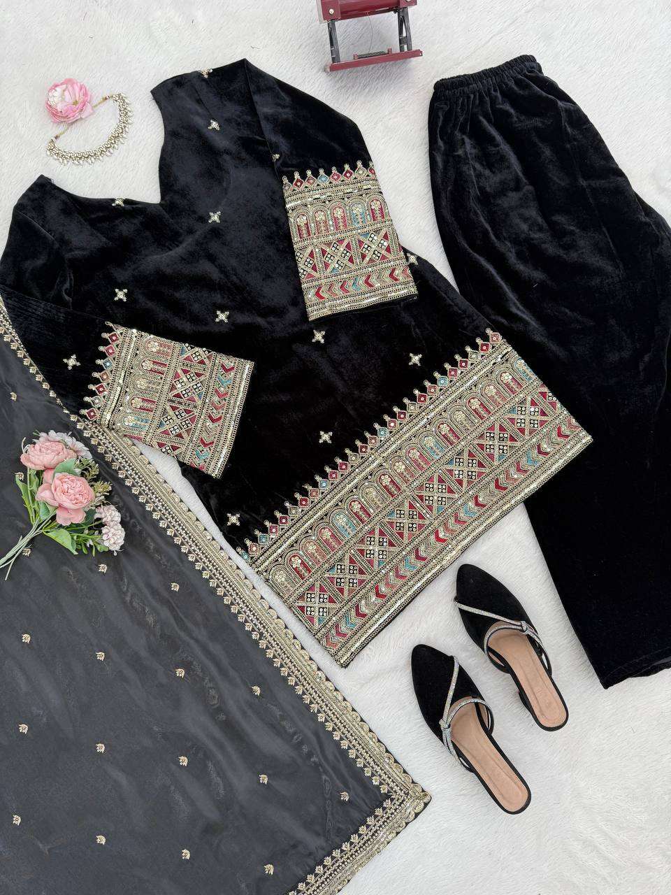 Premium Velvet Party Wear Top & Plazoo Set with Thread Sequence Dupatta