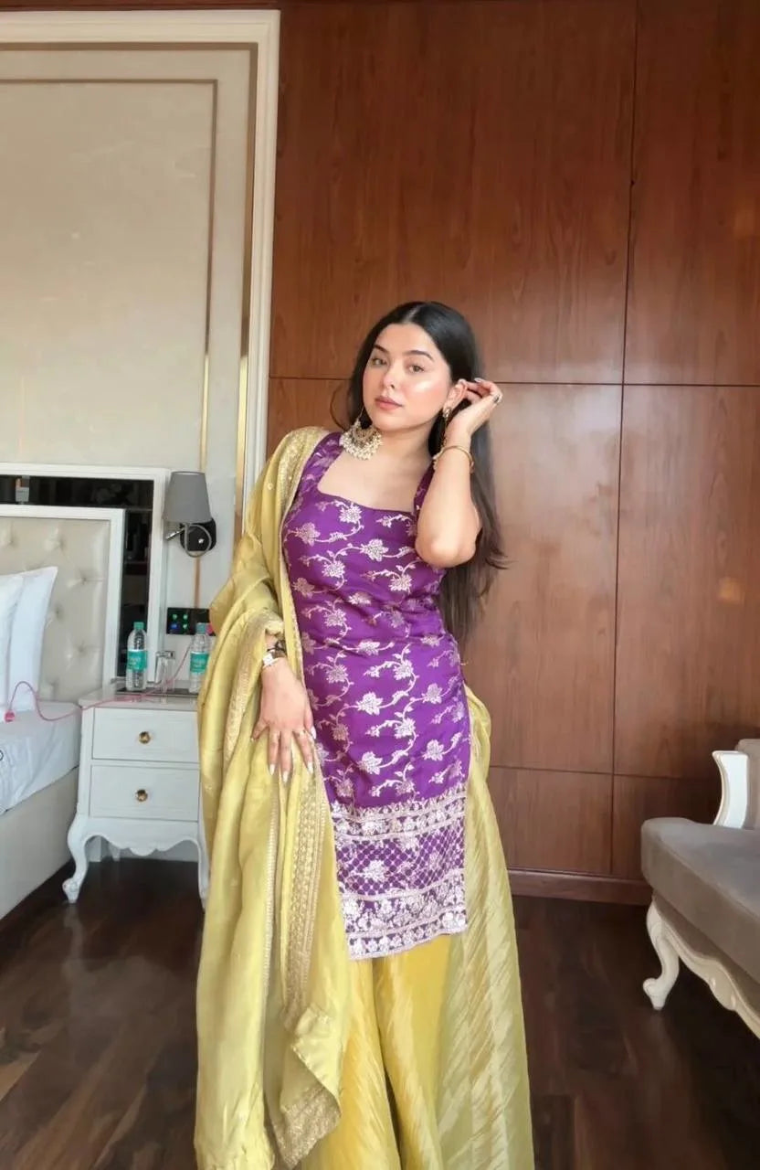 Designer Purple Jacquard Kurti & Olive Silk Palazzo Set with Sequence Dupatta