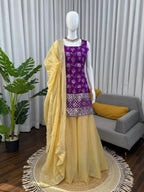 Designer Purple Kurti & Olive Silk Sharara Set with Sequence Dupatta