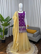 Designer Purple Jacquard Kurti & Olive Silk Palazzo Set with Sequence Dupatta