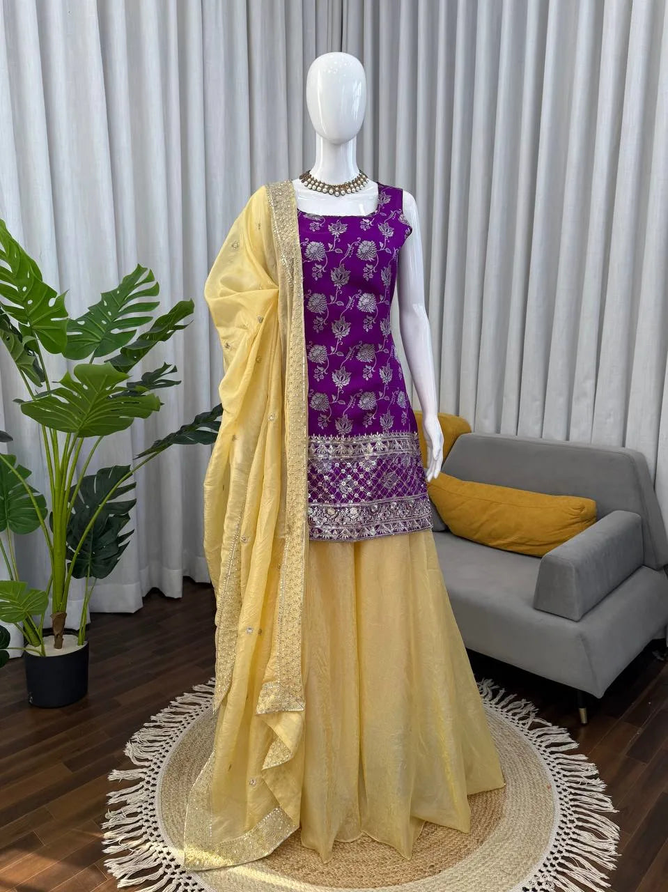 Designer Purple Jacquard Kurti & Olive Silk Palazzo Set with Sequence Dupatta