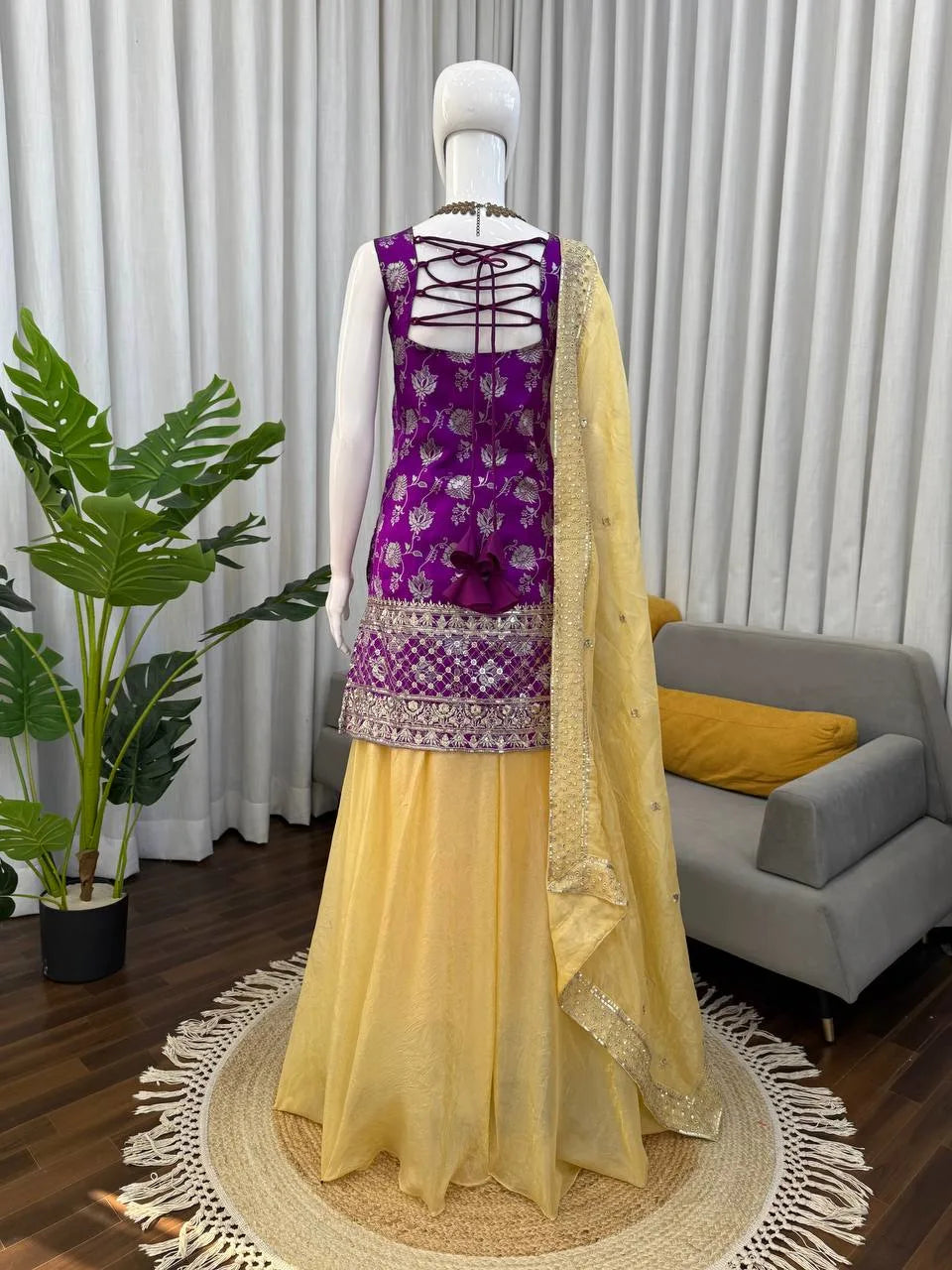 Designer Purple Jacquard Kurti & Olive Silk Palazzo Set with Sequence Dupatta