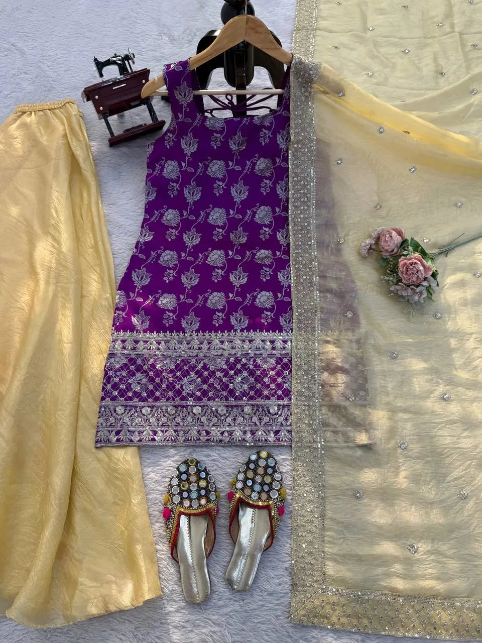 Designer Purple Jacquard Kurti & Olive Silk Palazzo Set with Sequence Dupatta