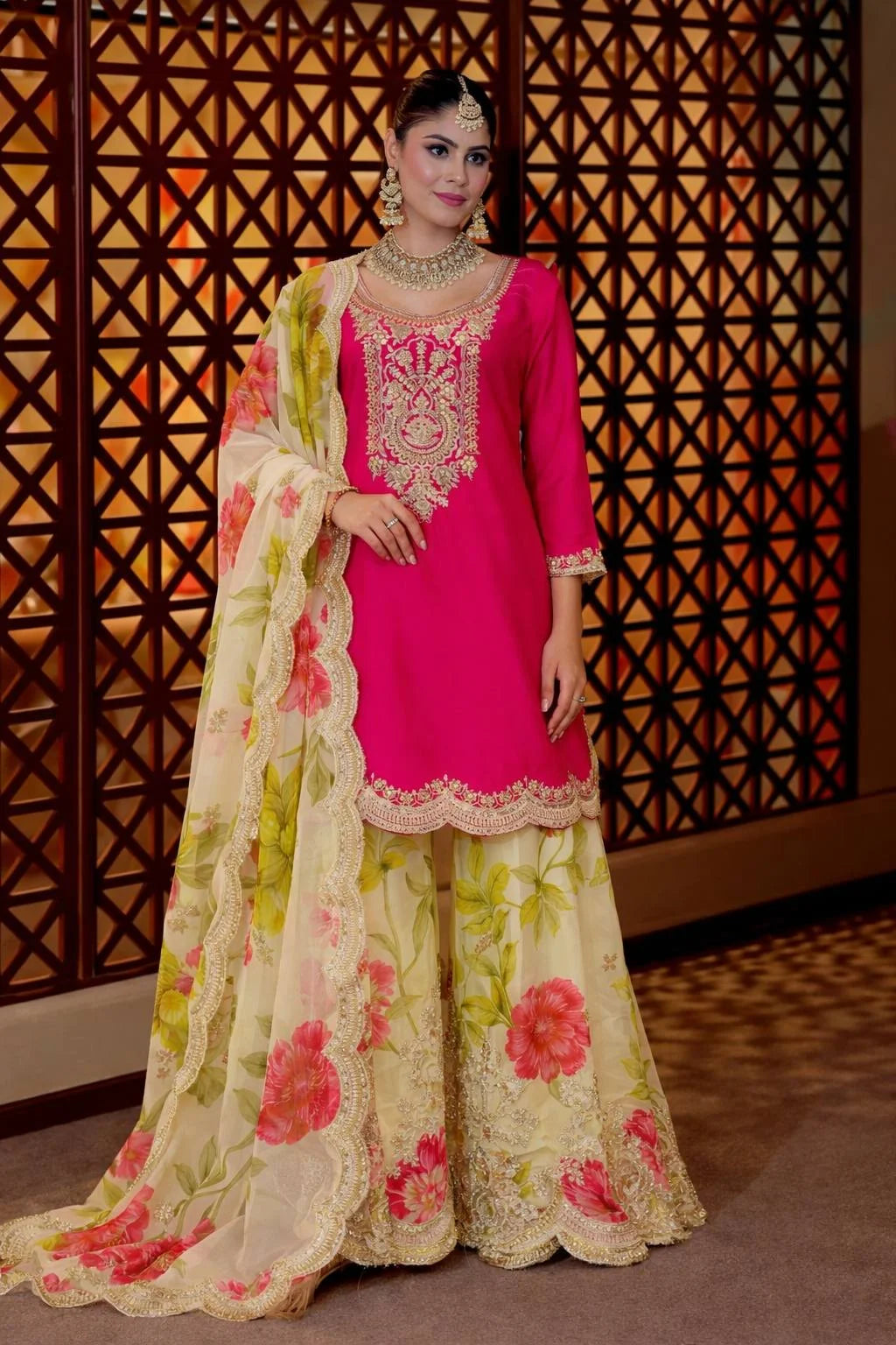 Luxury Eid Wear Chinon Top & Tabi Organza Palazzo with Matching Dupatta