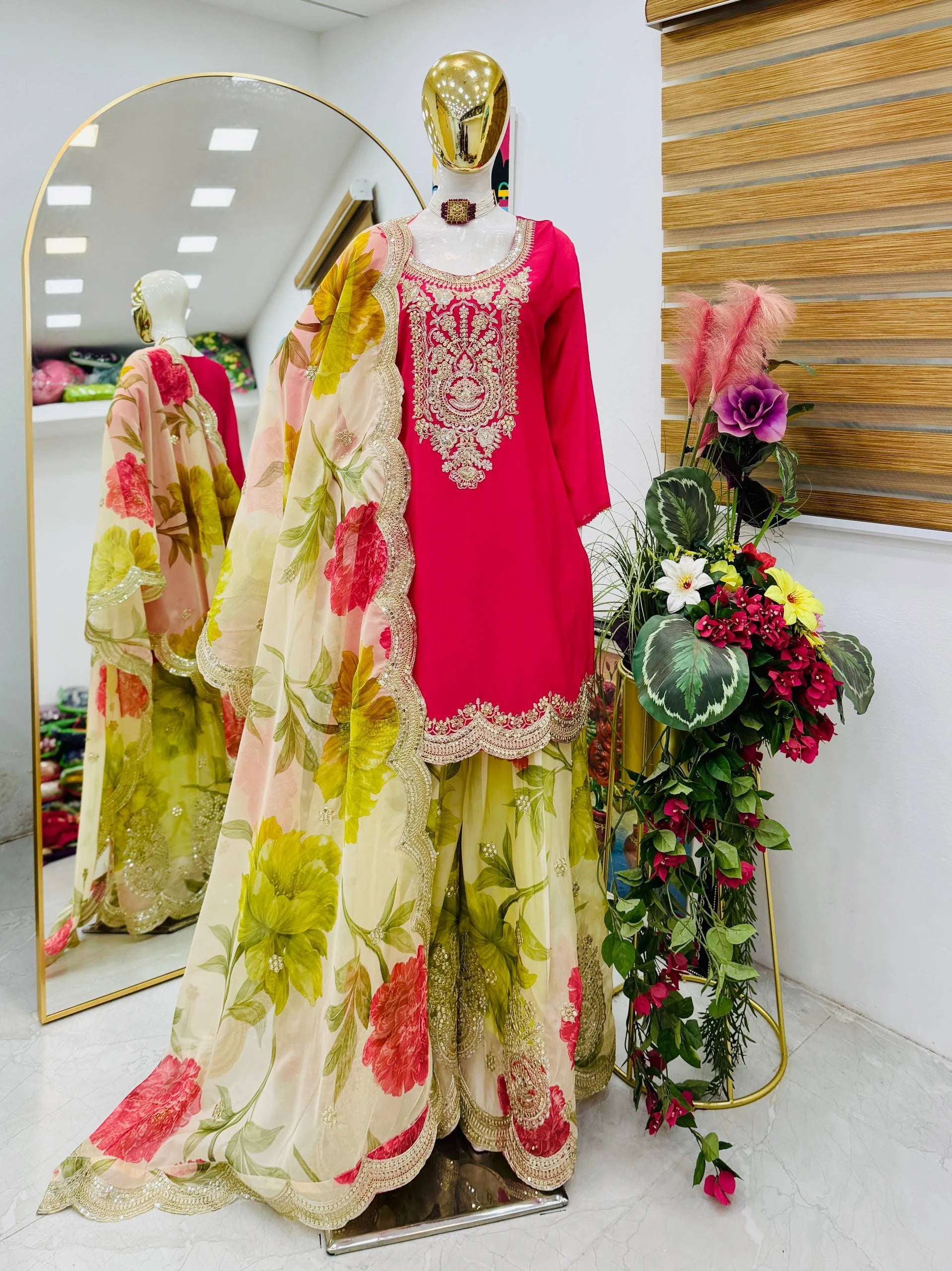 Luxury Eid Wear Chinon Top & Tabi Organza Palazzo with Matching Dupatta