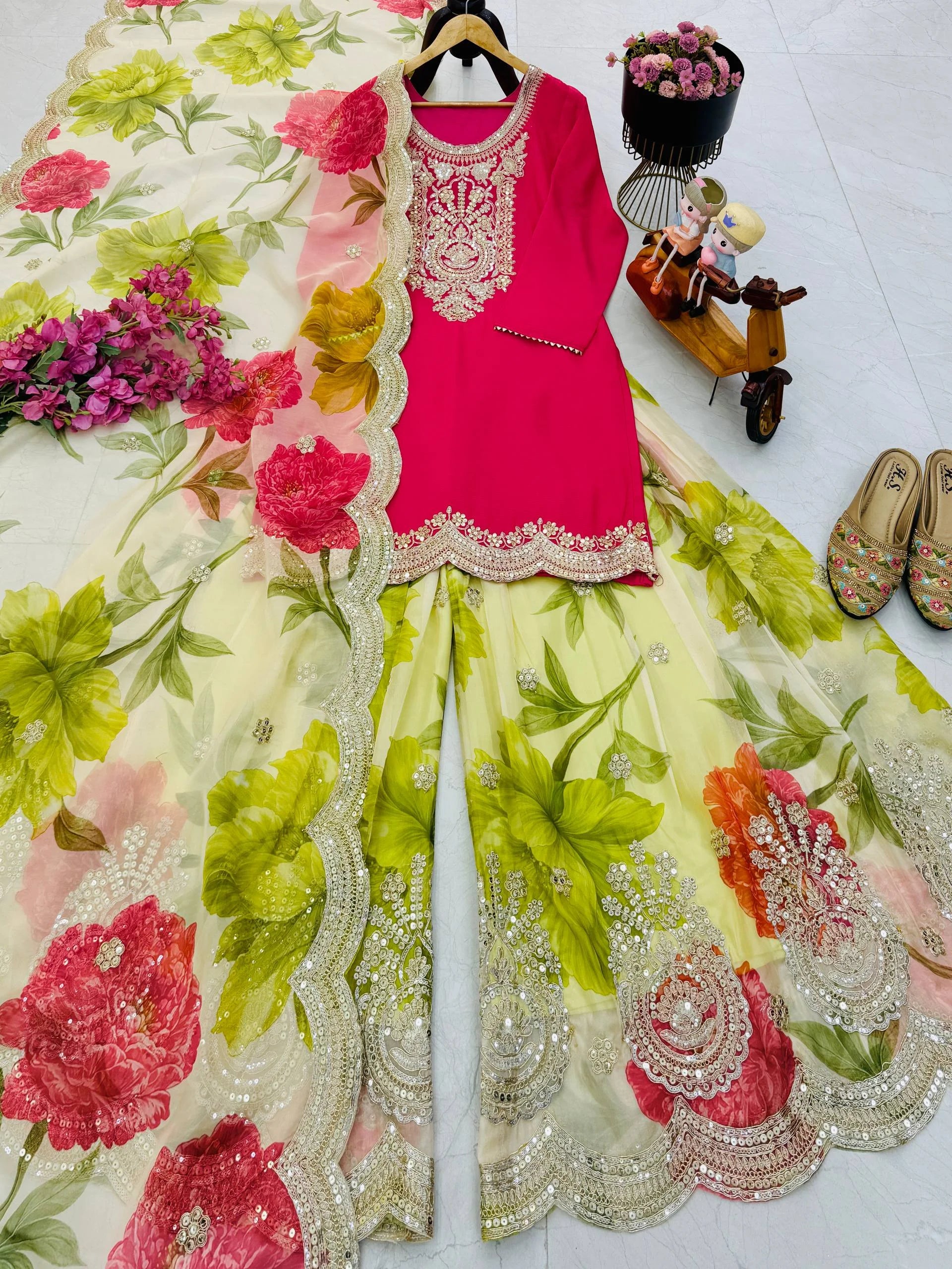 Luxury Eid Wear Chinon Top & Tabi Organza Palazzo with Matching Dupatta