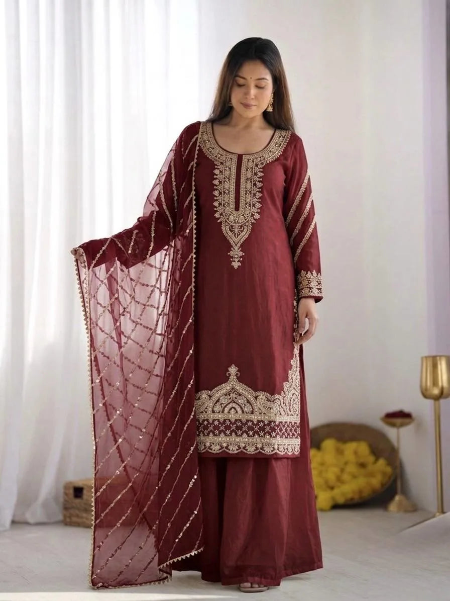 Maroon Pure Silk Embroidered Kurti Sharara Set With Dupatta For Eid