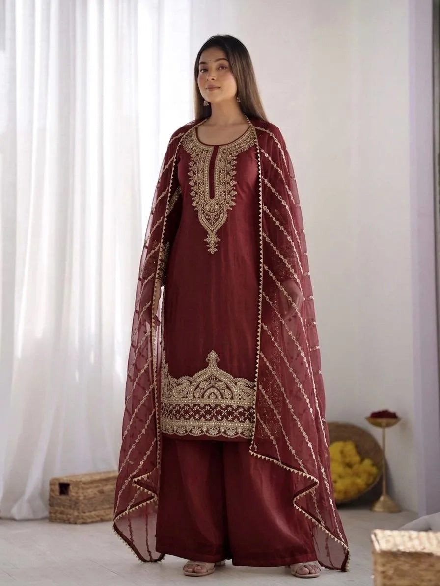 Maroon Pure Silk Embroidered Kurti Sharara Set With Dupatta For Eid