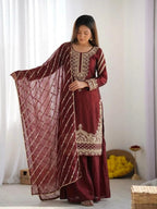 Maroon Pure Silk Embroidered Kurti Sharara Set With Dupatta For Eid