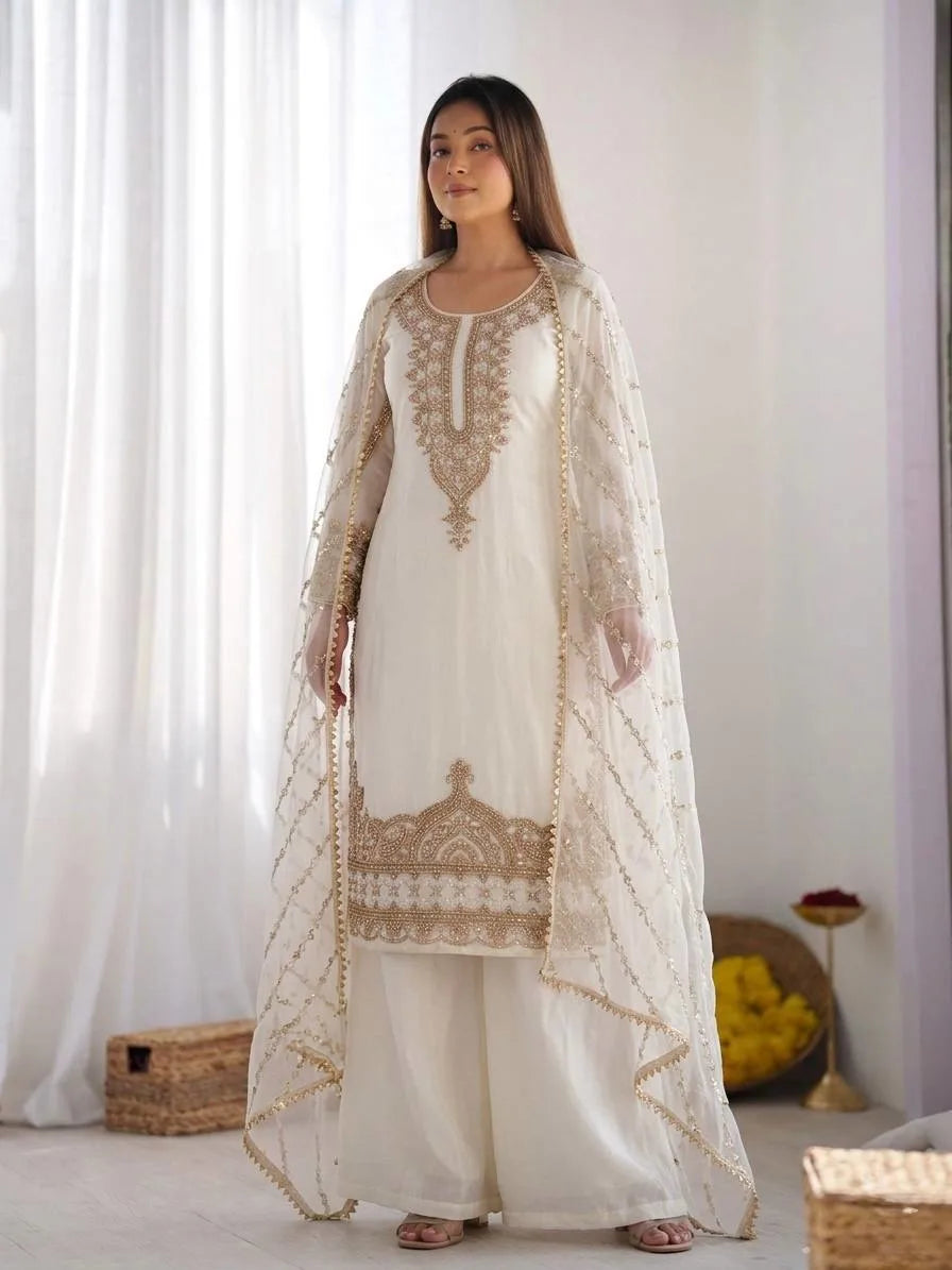 Stylish Eid Special White Kurta Sharara Dupatta Set With Rich Beads Work