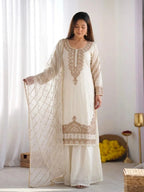Stylish Eid Special White Kurta Sharara Dupatta Set With Rich Beads Work