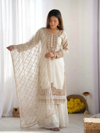 Stylish Eid Special White Kurta Sharara Dupatta Set With Rich Beads Work