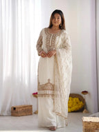 Stylish Eid Special White Kurta Sharara Dupatta Set With Rich Beads Work