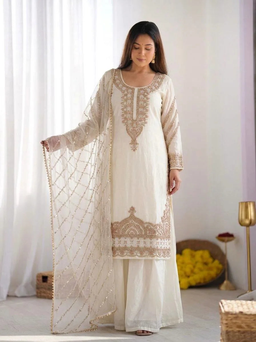 Stylish Eid Special White Kurta Sharara Dupatta Set With Rich Beads Work