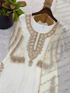 Stylish Eid Special White Kurta Sharara Dupatta Set With Rich Beads Work