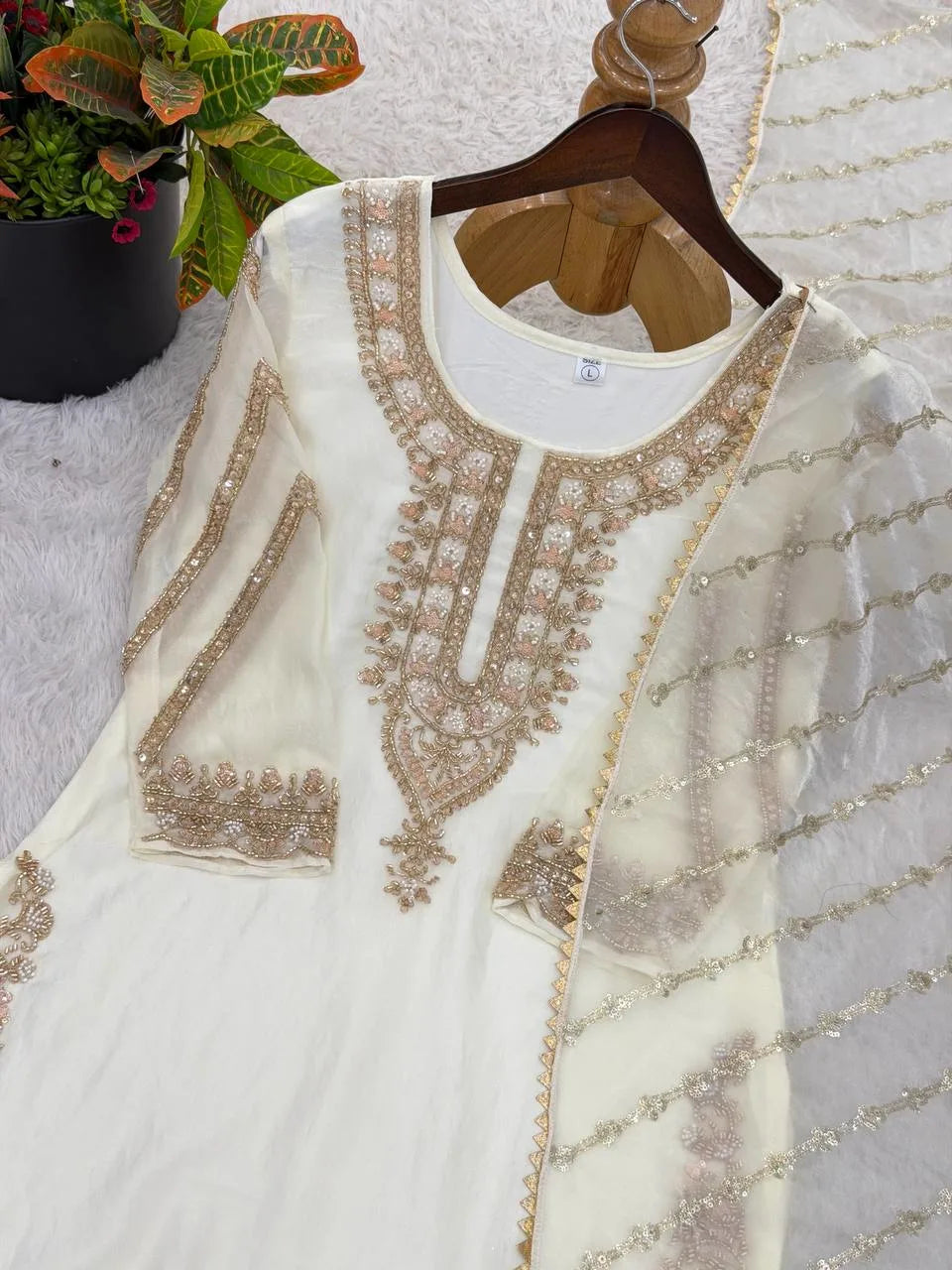 Stylish Eid Special White Kurta Sharara Dupatta Set With Rich Beads Work