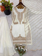 Stylish Eid Special White Kurta Sharara Dupatta Set With Rich Beads Work