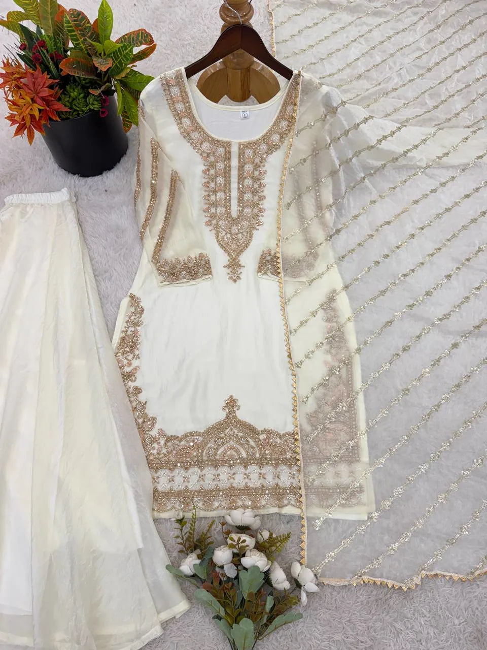 Stylish Eid Special White Kurta Sharara Dupatta Set With Rich Beads Work