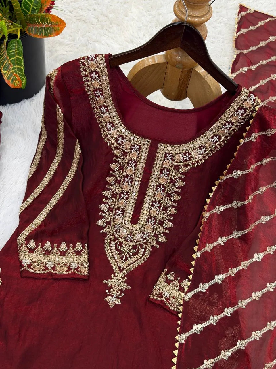 Maroon Pure Silk Embroidered Kurti Sharara Set With Dupatta For Eid
