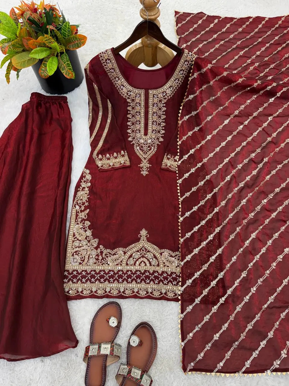 Maroon Pure Silk Embroidered Kurti Sharara Set With Dupatta For Eid