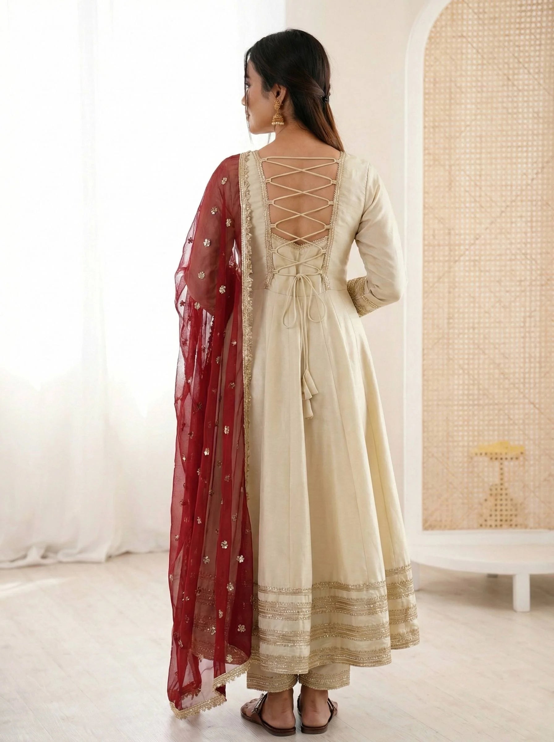Cosmos Gold Lace Work Gown with Attached Cups & Bottom Set