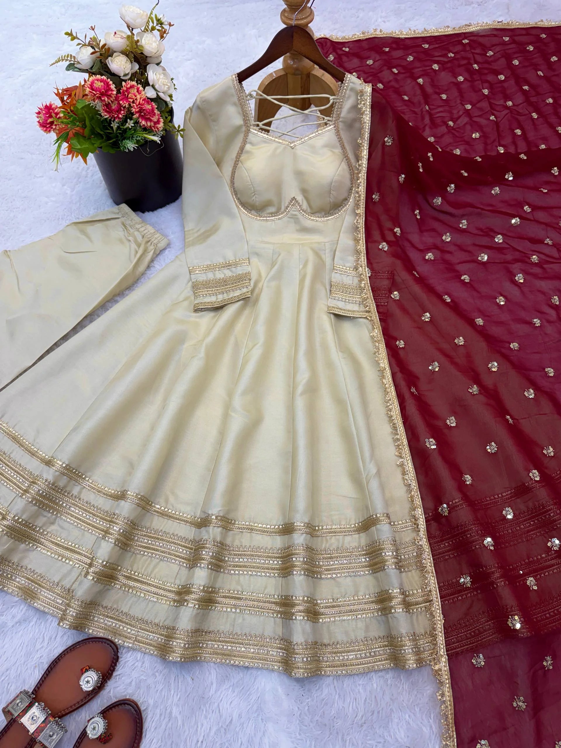 Cosmos Gold Lace Work Gown with Attached Cups & Bottom Set