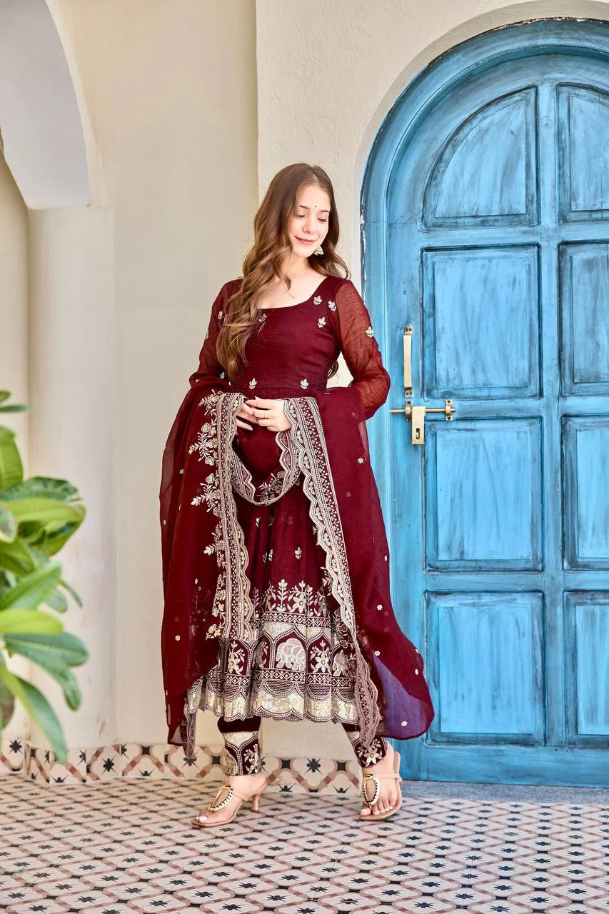 Royal Crunchy Silk Anarkali Outfit with Thread & Sequin Embroidery