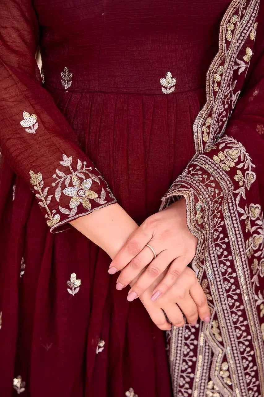 Royal Crunchy Silk Anarkali Outfit with Thread & Sequin Embroidery