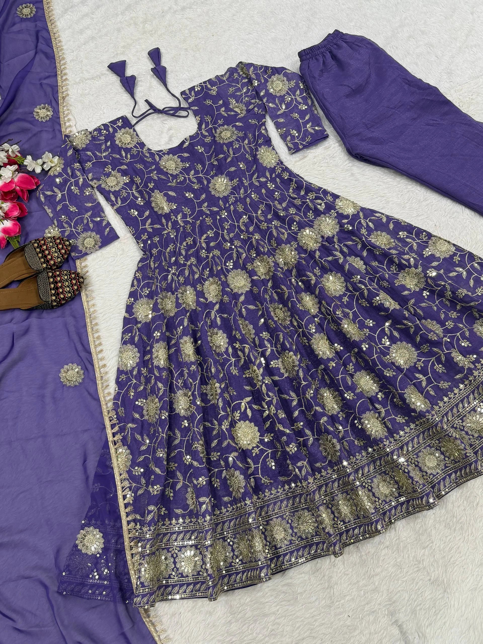 Occasion Ready Crunchy Silk Anarkali Set with Pant & Dupatta