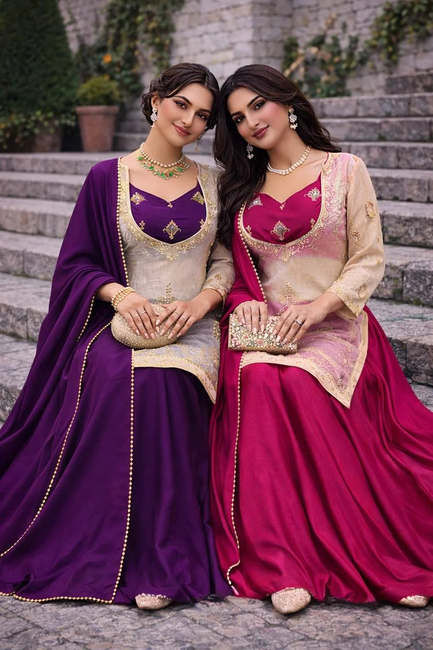 Eid Ready Fandy Silk Topâ€“Chinon Silk Plazo Set with Lace Border Dupatta