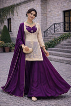 Eid Ready Fandy Silk Topâ€“Chinon Silk Plazo Set with Lace Border Dupatta