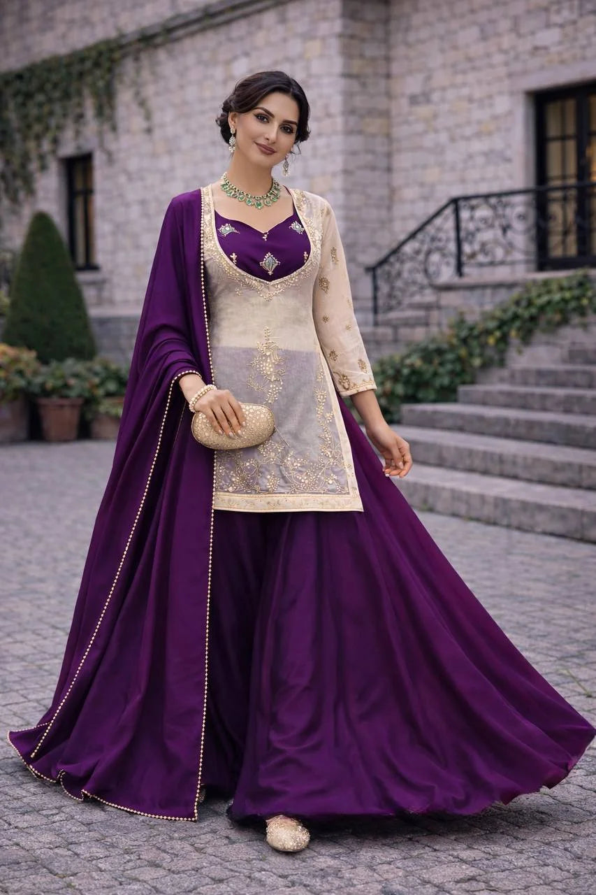 Eid Ready Fandy Silk Topâ€“Chinon Silk Plazo Set with Lace Border Dupatta