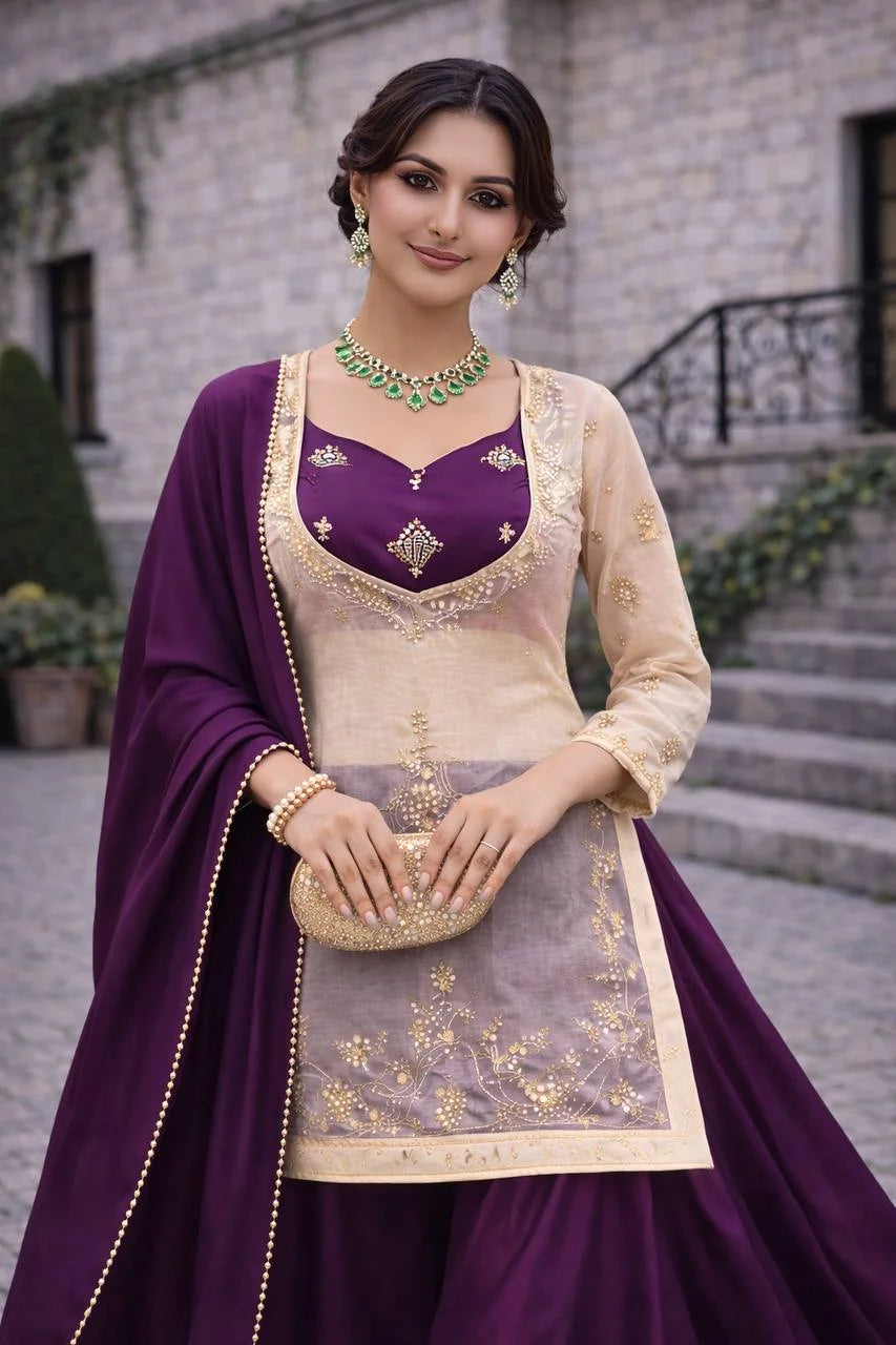 Eid Ready Fandy Silk Topâ€“Chinon Silk Plazo Set with Lace Border Dupatta