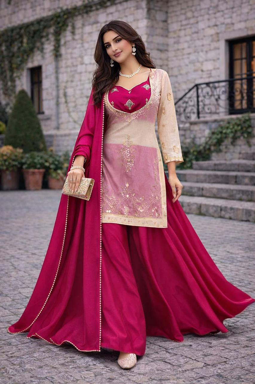 Eid Ready Fandy Silk Topâ€“Chinon Silk Plazo Set with Lace Border Dupatta
