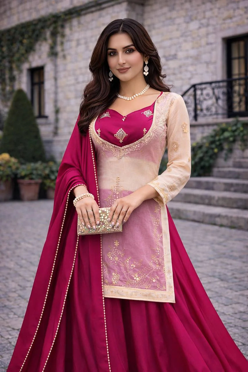Eid Ready Fandy Silk Topâ€“Chinon Silk Plazo Set with Lace Border Dupatta