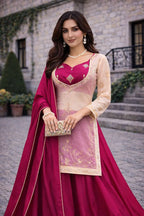 Eid Ready Fandy Silk Topâ€“Chinon Silk Plazo Set with Lace Border Dupatta