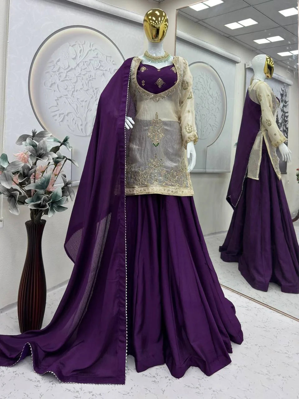 Eid Ready Fandy Silk Topâ€“Chinon Silk Plazo Set with Lace Border Dupatta