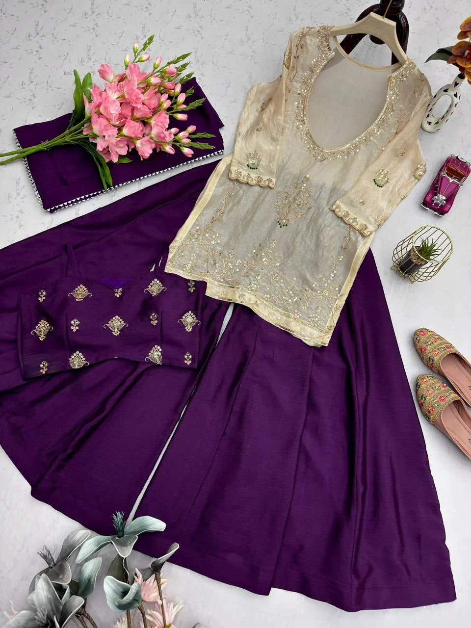 Eid Ready Fandy Silk Topâ€“Chinon Silk Plazo Set with Lace Border Dupatta