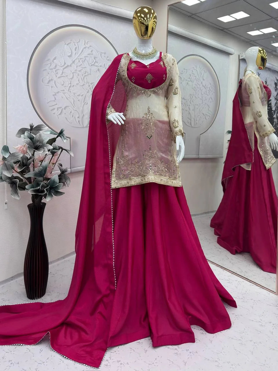 Eid Ready Fandy Silk Topâ€“Chinon Silk Plazo Set with Lace Border Dupatta