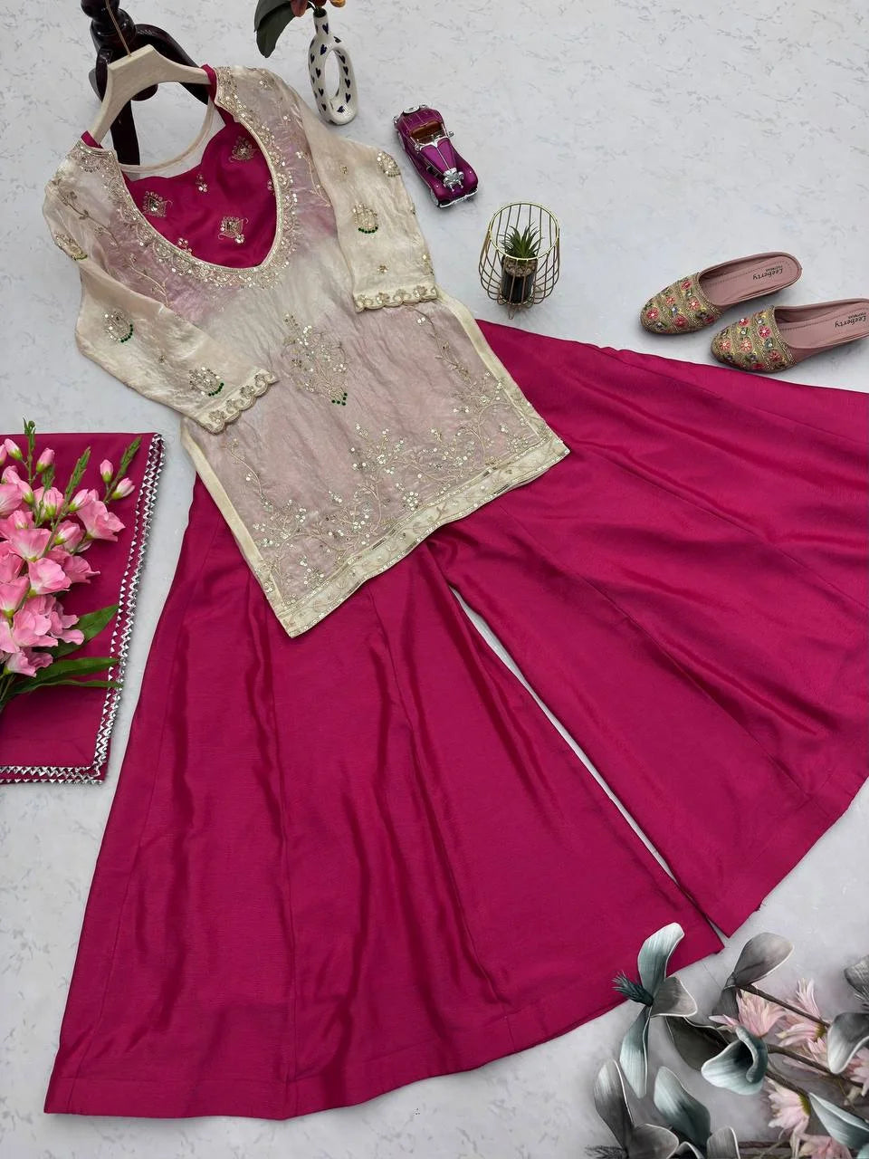 Eid Ready Fandy Silk Topâ€“Chinon Silk Plazo Set with Lace Border Dupatta