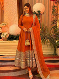 Stunning Orange Anarkali Gown with Coding Sequence Embellishment