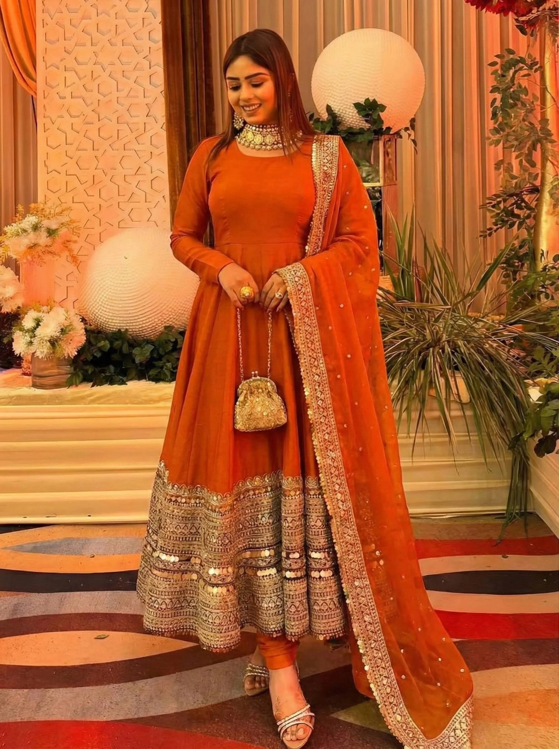 Stunning Orange Anarkali Gown with Coding Sequence Embellishment
