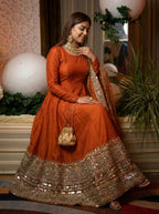 Stunning Orange Anarkali Gown with Coding Sequence Embellishment