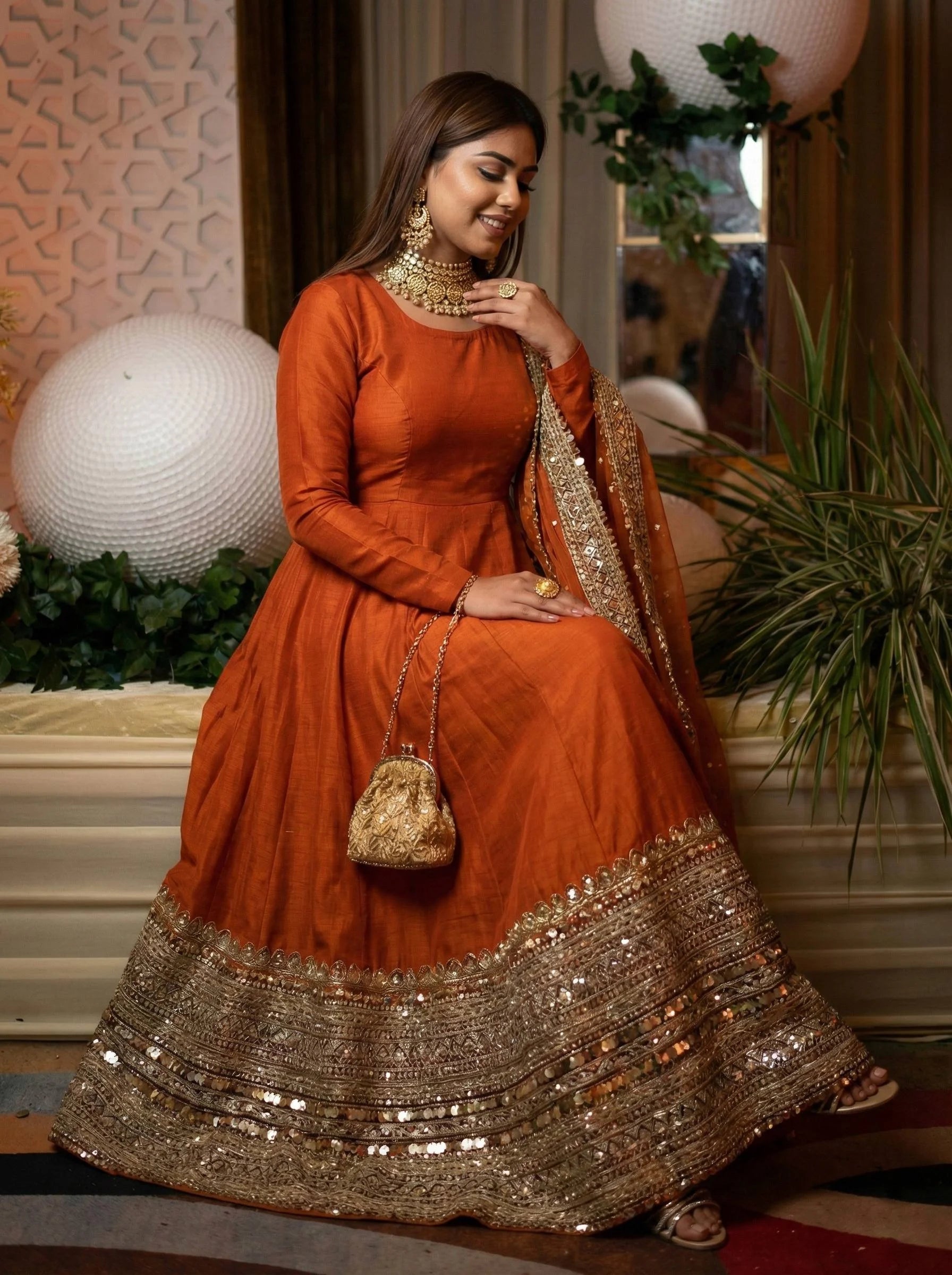 Stunning Orange Anarkali Gown with Coding Sequence Embellishment