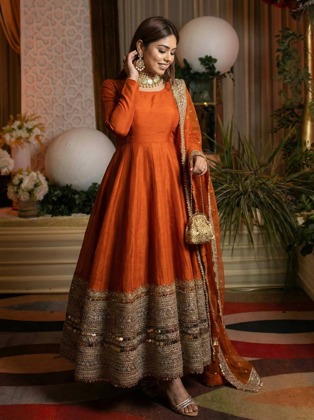 Stunning Orange Anarkali Gown with Coding Sequence Embellishment